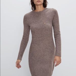 Zara Long Sleeve A Line Brown Sweater Dress